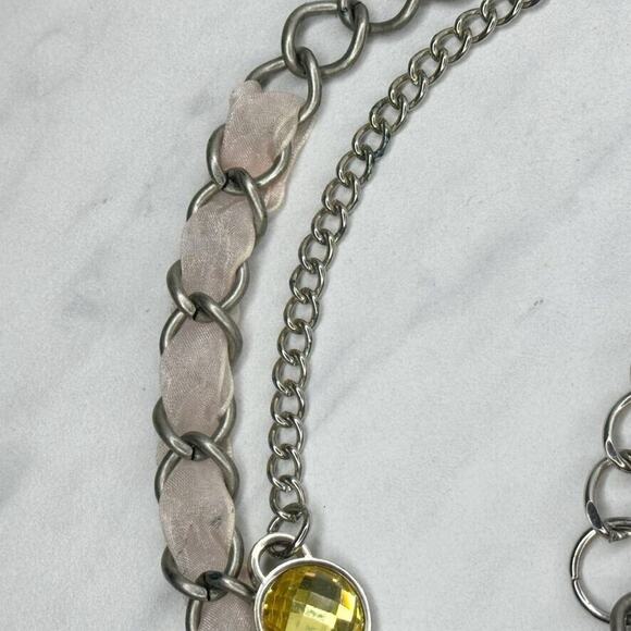 Pink Flower Rhinestone Silver Tone Metal Chain Link Belt Size Large L XL - Picture 7 of 12